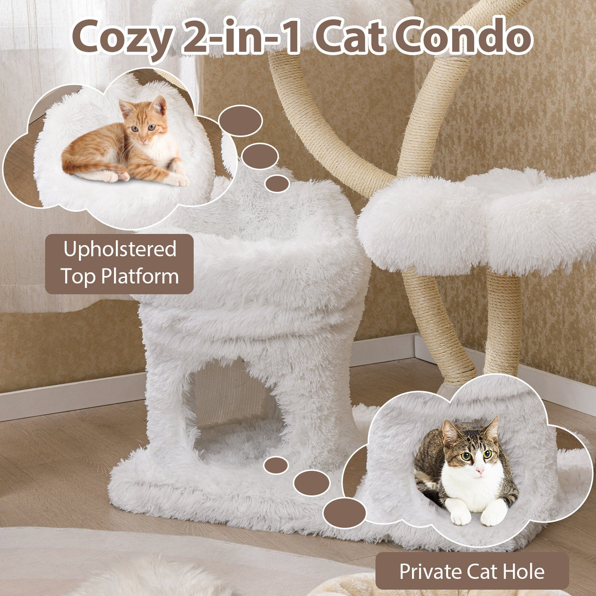 Torre de juego para gatos independiente con cuatro plataformas en forma de flor y postes rascadores de sisal