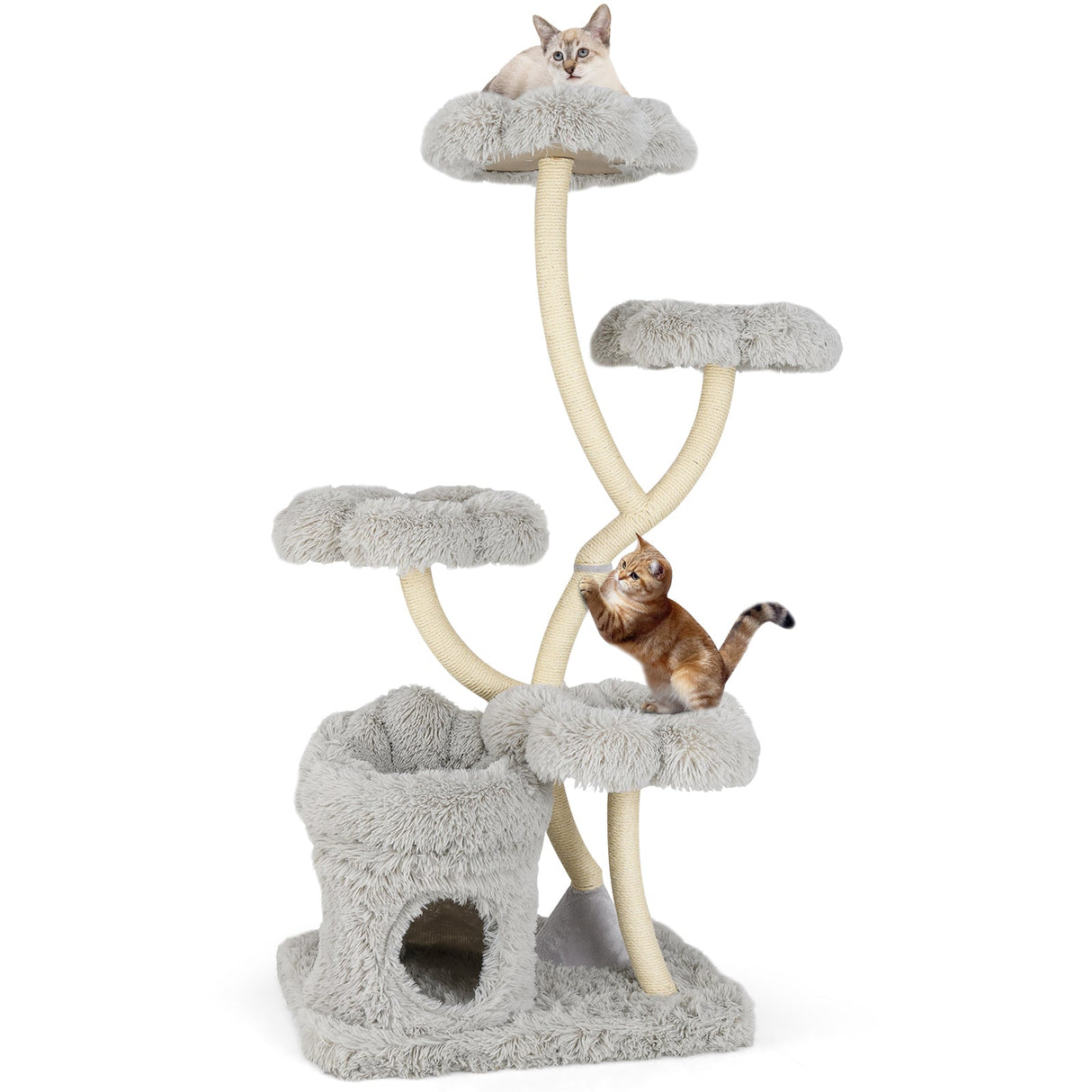 Torre de juego para gatos independiente con cuatro plataformas en forma de flor y postes rascadores de sisal