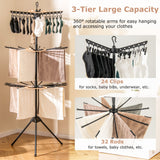 3-Tier Tripod Freestanding Folding Clothes Drying Rack with 24 Clips-Black