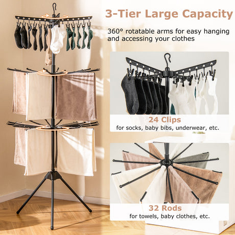 Tendedero Plegable de 3 Niveles con Trípode y 24 Pinzas - Negro
