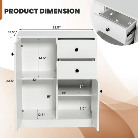 Aparador de cocina independiente de 2 puertas con estantes ajustables - Blanco