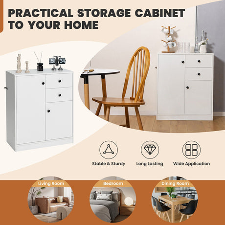 Aparador de cocina independiente de 2 puertas con estantes ajustables - Blanco