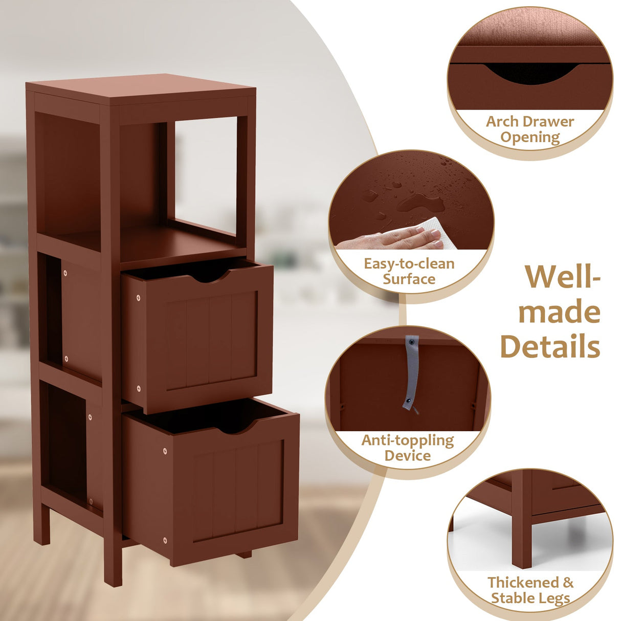 Mueble de almacenamiento independiente con 2 cajones extraíbles para baño