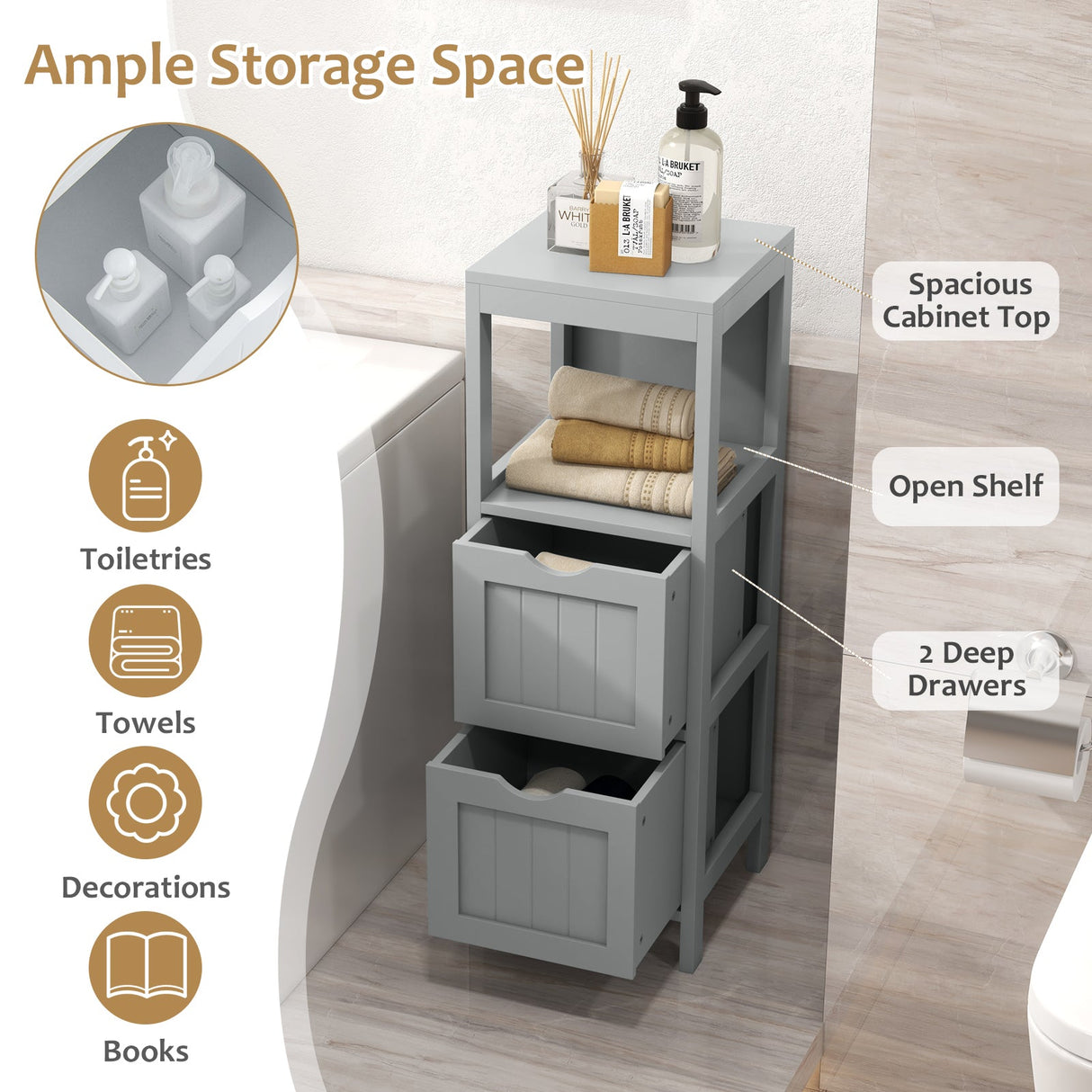 Mueble de almacenamiento independiente con 2 cajones extraíbles para baño