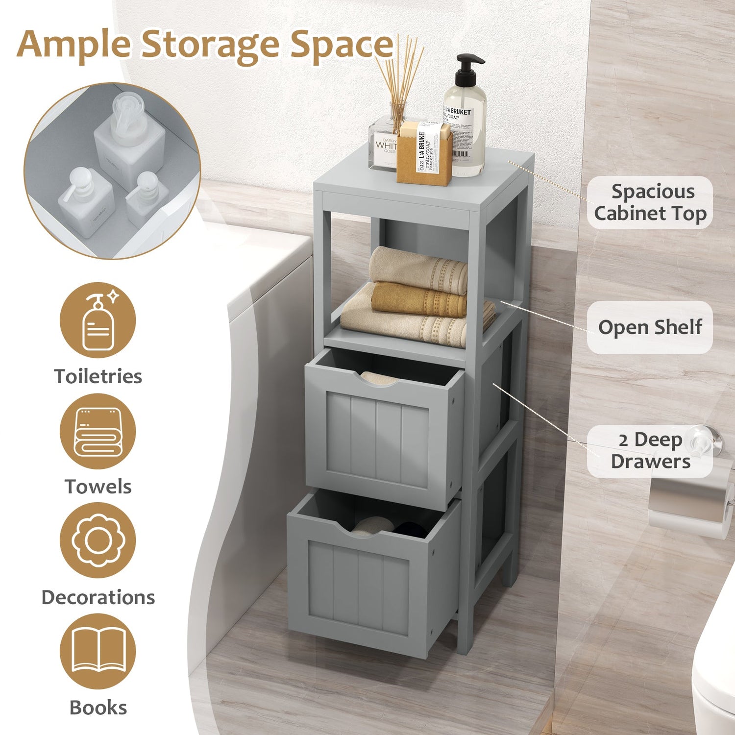 Mueble de almacenamiento independiente con 2 cajones extraíbles para baño