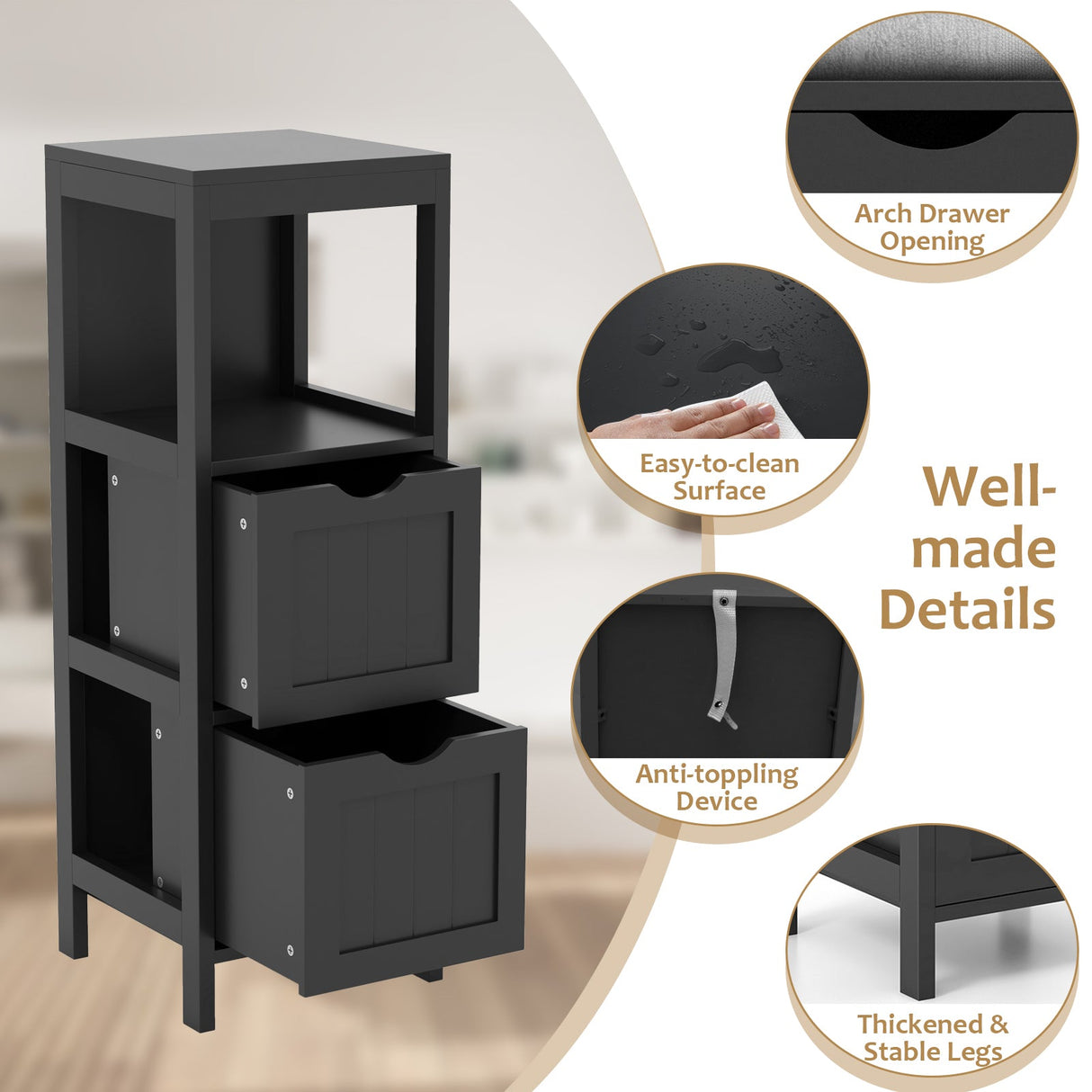 Mueble de almacenamiento independiente con 2 cajones extraíbles para baño