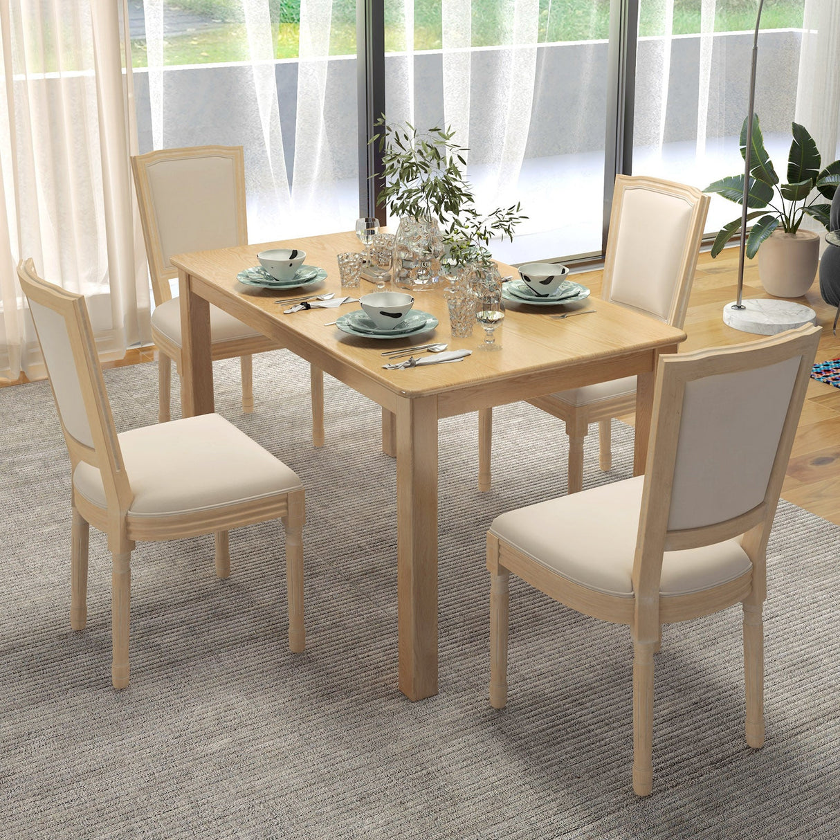 Juego de 2 sillas de comedor francesas con respaldo rectangular y estructura de madera maciza de caucho - Beige