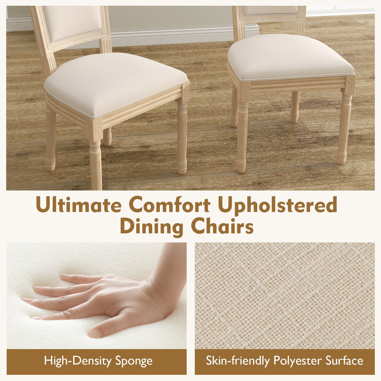 Juego de 2 sillas de comedor francesas con respaldo rectangular y estructura de madera maciza de caucho - Beige