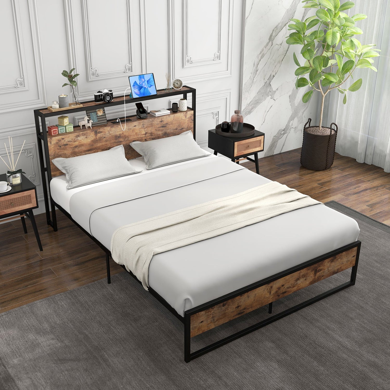 Estructura de cama Full/Queen con cabecero de almacenamiento de 2 niveles y estación de carga