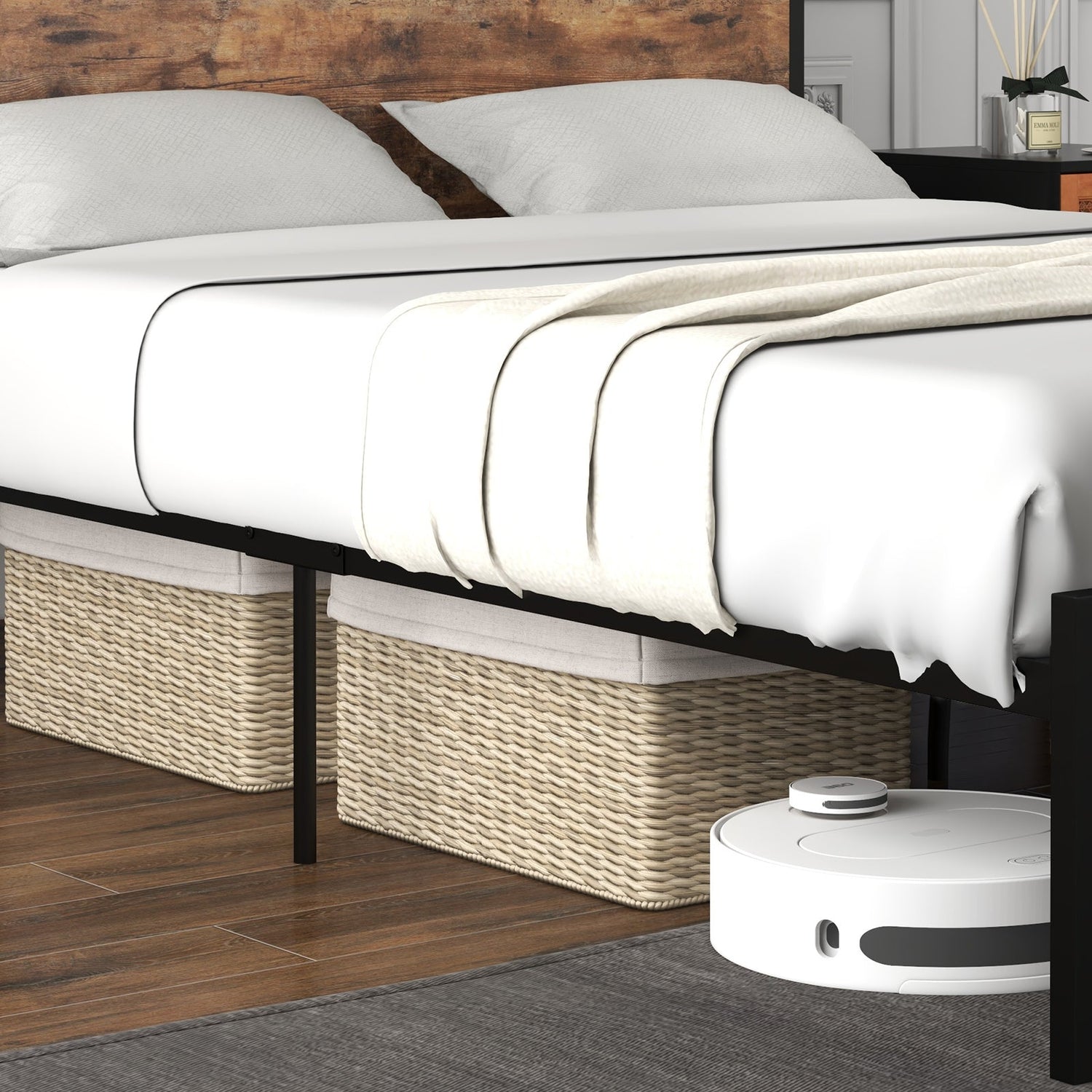 Estructura de cama Full/Queen con cabecero de almacenamiento de 2 niveles y estación de carga