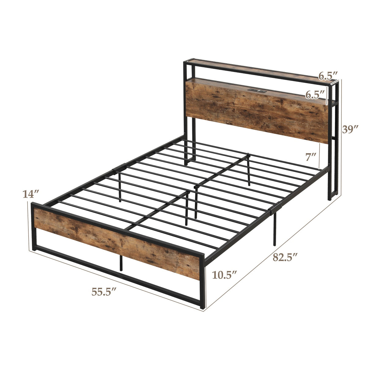 Estructura de cama Full/Queen con cabecero de almacenamiento de 2 niveles y estación de carga
