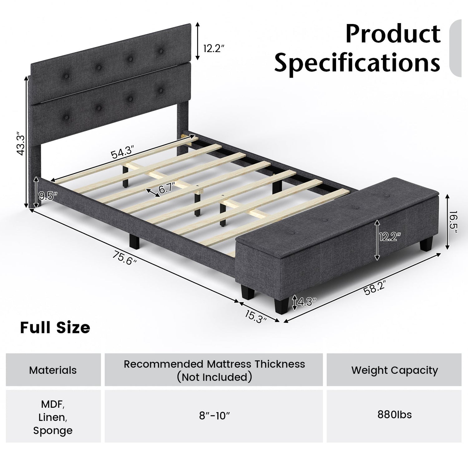Full/Queen/Twin Upholstered Bed Frame with Ottoman Storage