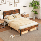 Base de Cama Metálica Twin/Full/Queen/King con Cabecera y Piecera de Madera - Tamaño Full