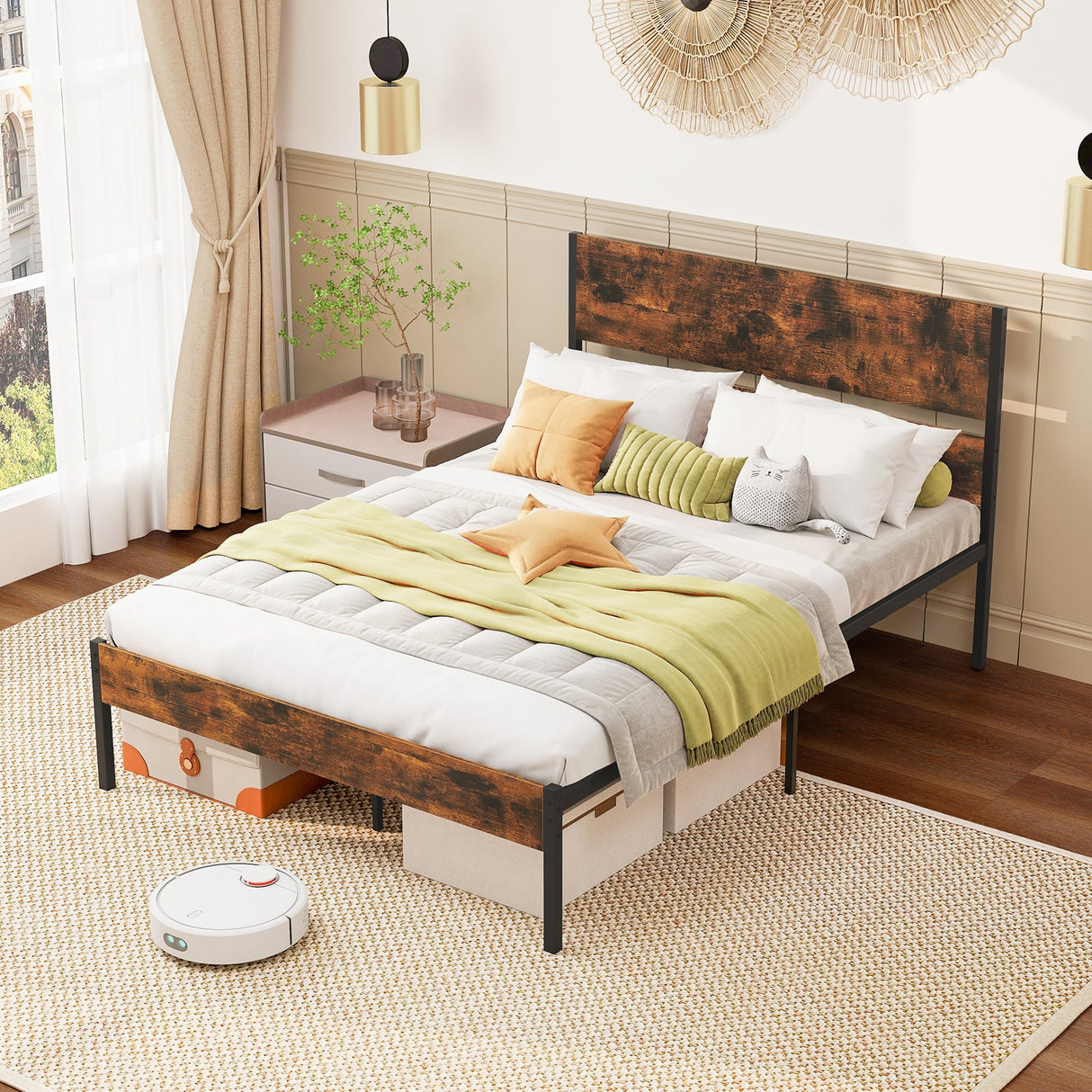 Base de Cama Metálica Twin/Full/Queen/King con Cabecera y Piecera de Madera - Tamaño Full