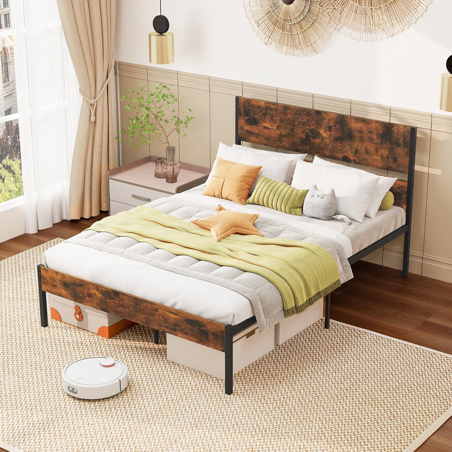 Base de Cama Metálica Twin/Full/Queen/King con Cabecera y Piecera de Madera - Tamaño Full