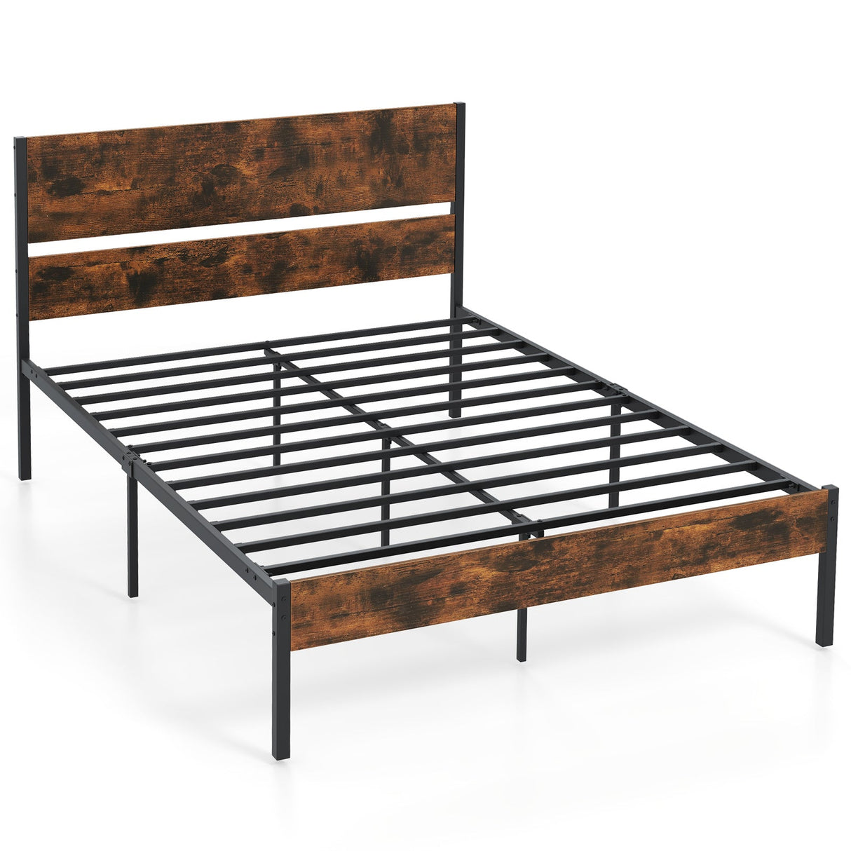 Base de Cama Metálica Twin/Full/Queen/King con Cabecera y Piecera de Madera - Tamaño Full