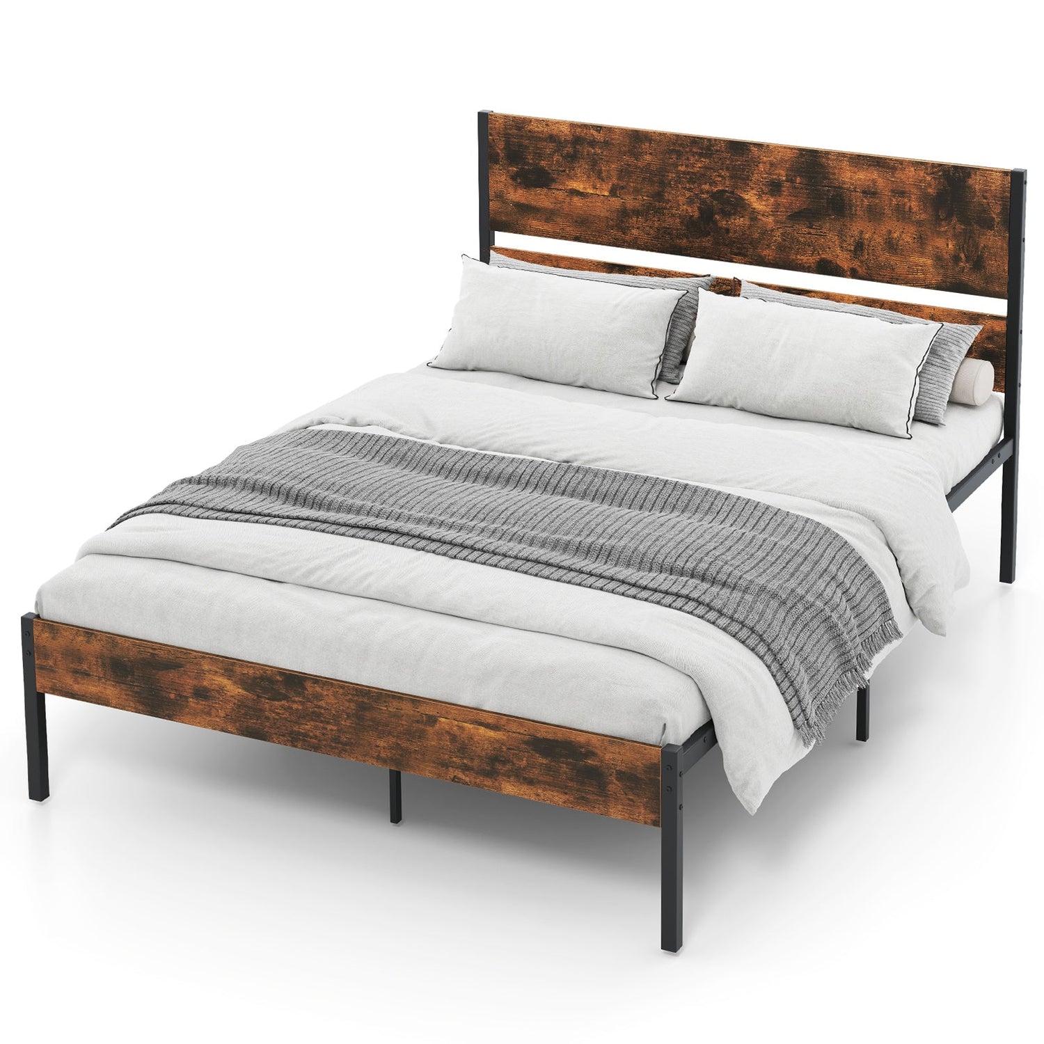 Base de Cama Metálica Twin/Full/Queen/King con Cabecera y Piecera de Madera - Tamaño Full