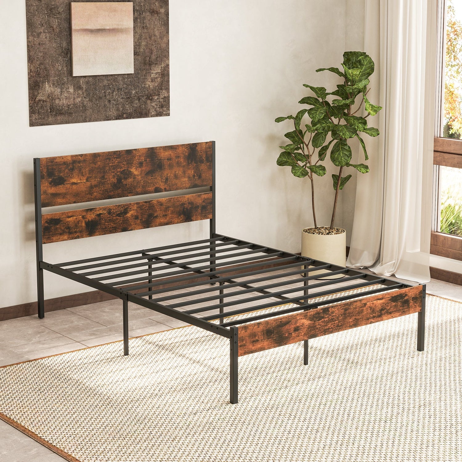Base de Cama Metálica Twin/Full/Queen/King con Cabecera y Piecera de Madera - Tamaño Full