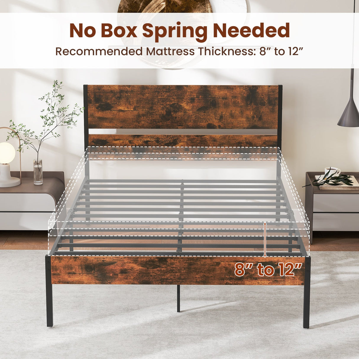 Base de Cama Metálica Twin/Full/Queen/King con Cabecera y Piecera de Madera - Tamaño Full