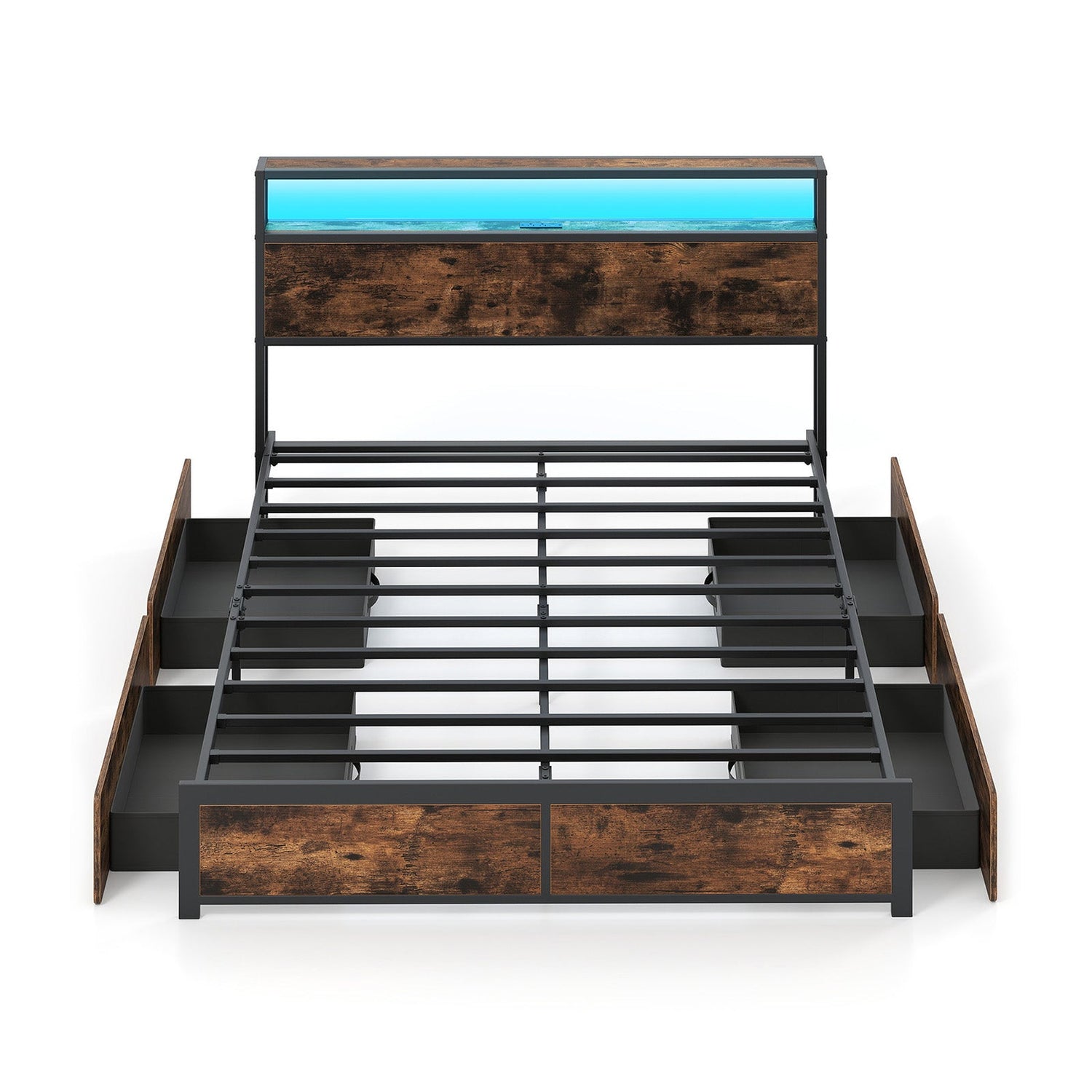 Full/Queen Size LED Bed Frame with Charging Station and 4 Storage Drawers