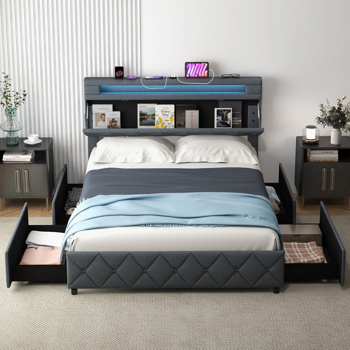 Base de Cama de Tamaño Matrimonial/Queen con Cabecero Ajustable con Almacenamiento y Soporte de Lamas de Madera
