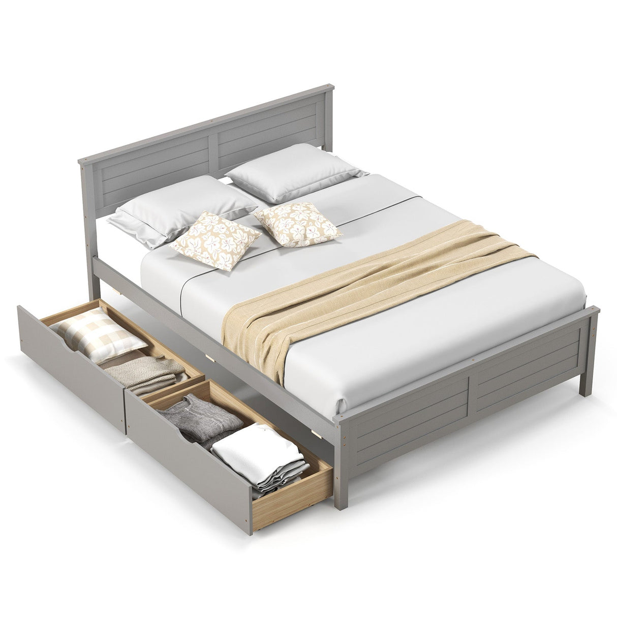 Estructura de cama matrimonial con cajones de almacenamiento y cabecero de madera maciza