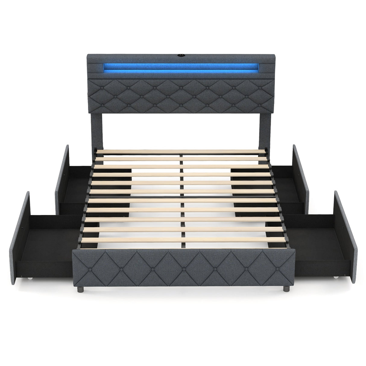 Base de Cama de Tamaño Matrimonial/Queen con Cabecero Ajustable con Almacenamiento y Soporte de Lamas de Madera