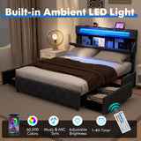Base de Cama de Tamaño Matrimonial/Queen con Cabecero Ajustable con Almacenamiento y Soporte de Lamas de Madera