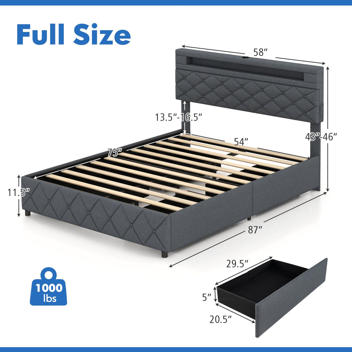 Base de Cama de Tamaño Matrimonial/Queen con Cabecero Ajustable con Almacenamiento y Soporte de Lamas de Madera