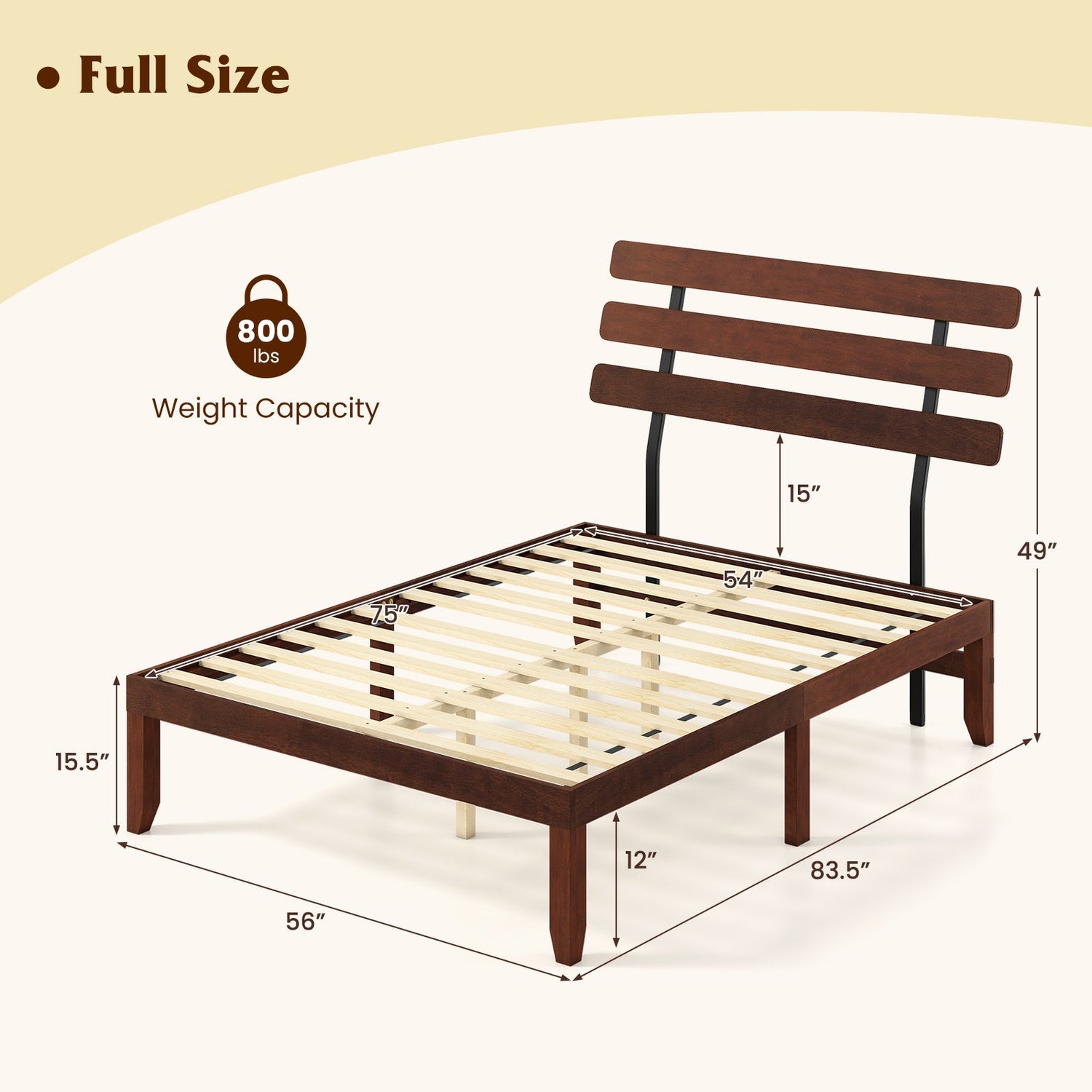 Base de cama de tamaño matrimonial de 15.5 pulgadas de madera maciza con cabecero retro