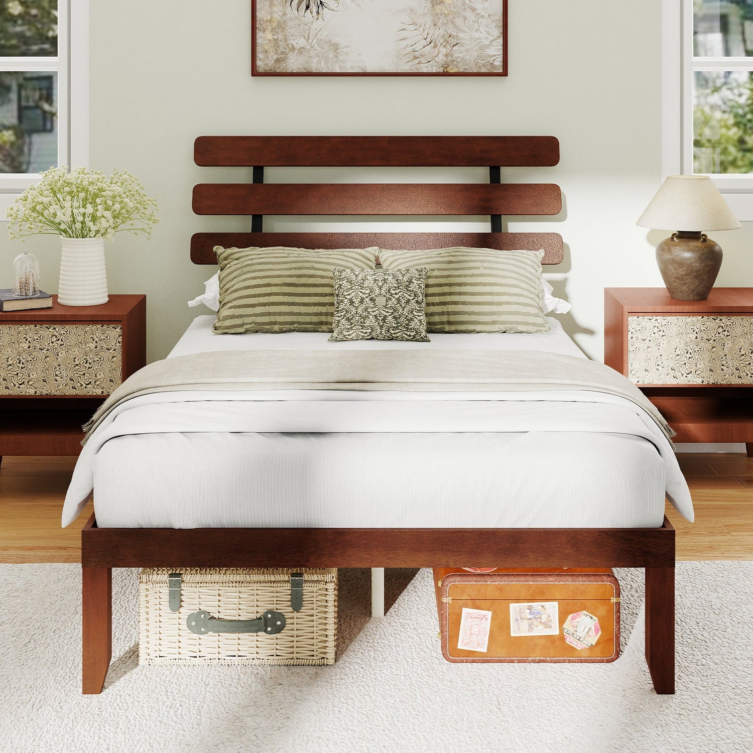 Base de cama de tamaño matrimonial de 15.5 pulgadas de madera maciza con cabecero retro