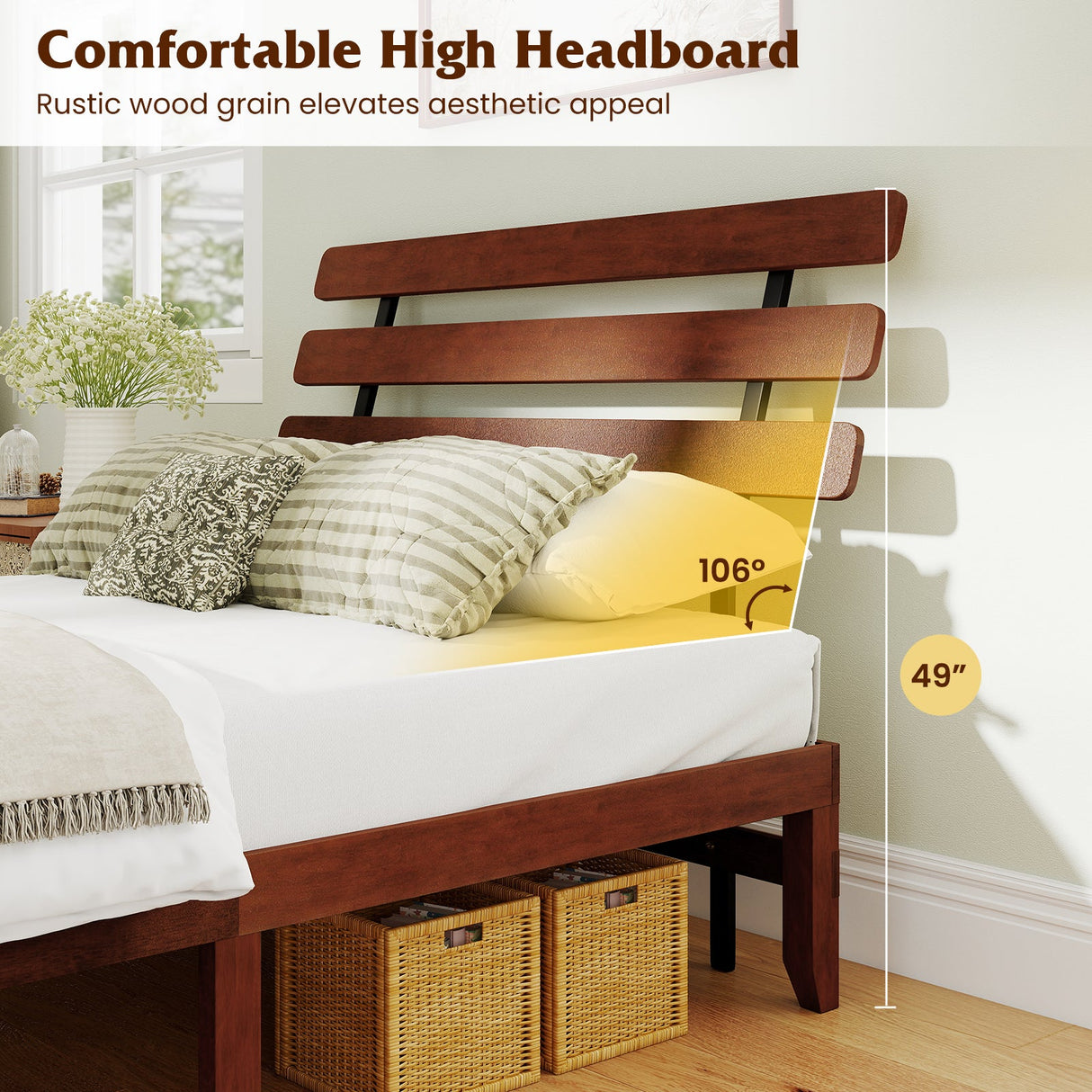 Base de cama de tamaño matrimonial de 15.5 pulgadas de madera maciza con cabecero retro