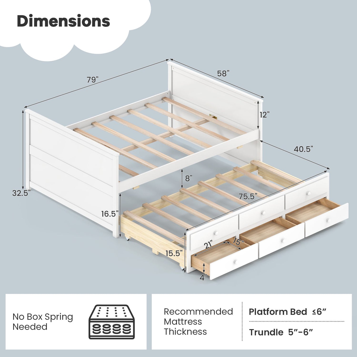 Base de cama matrimonial con nido individual y 3 cajones de almacenamiento para adolescentes y adultos - Blanca