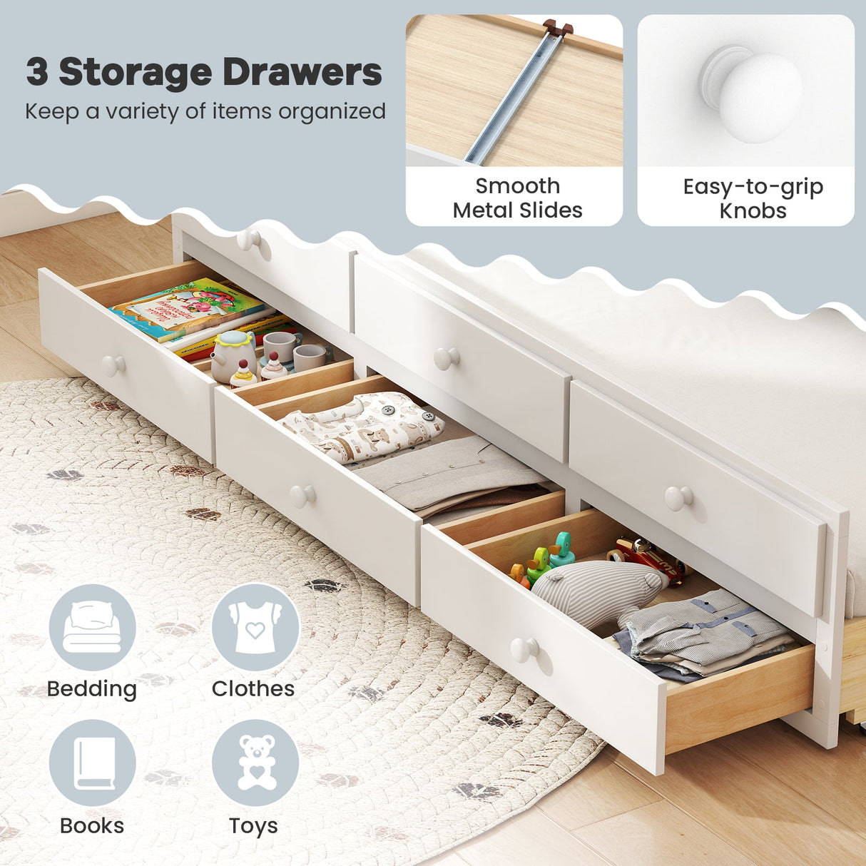 Base de cama matrimonial con nido individual y 3 cajones de almacenamiento para adolescentes y adultos - Blanca