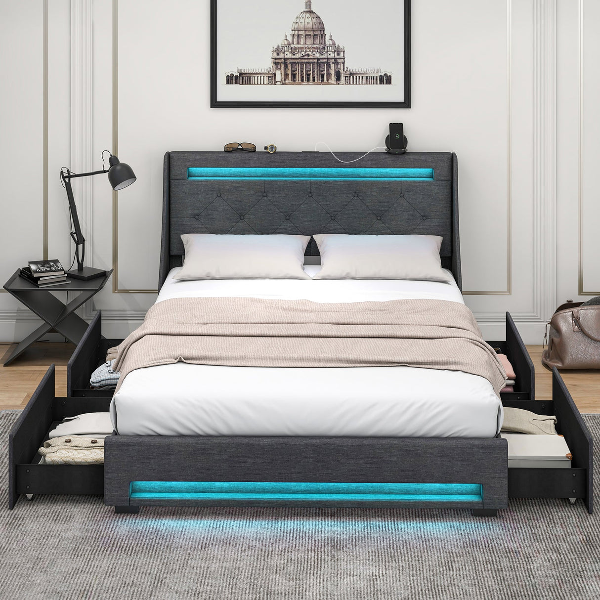 Base de cama matrimonial con luces LED, cabecera de ala y estación de carga - Gris