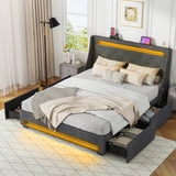 Base de cama matrimonial con luces LED, cabecera de ala y estación de carga - Gris