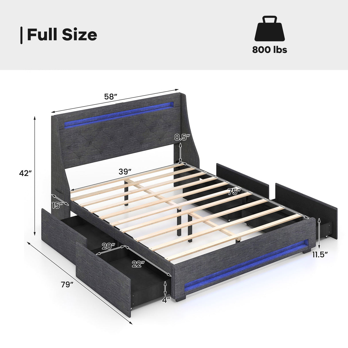 Base de cama matrimonial con luces LED, cabecera de ala y estación de carga - Gris