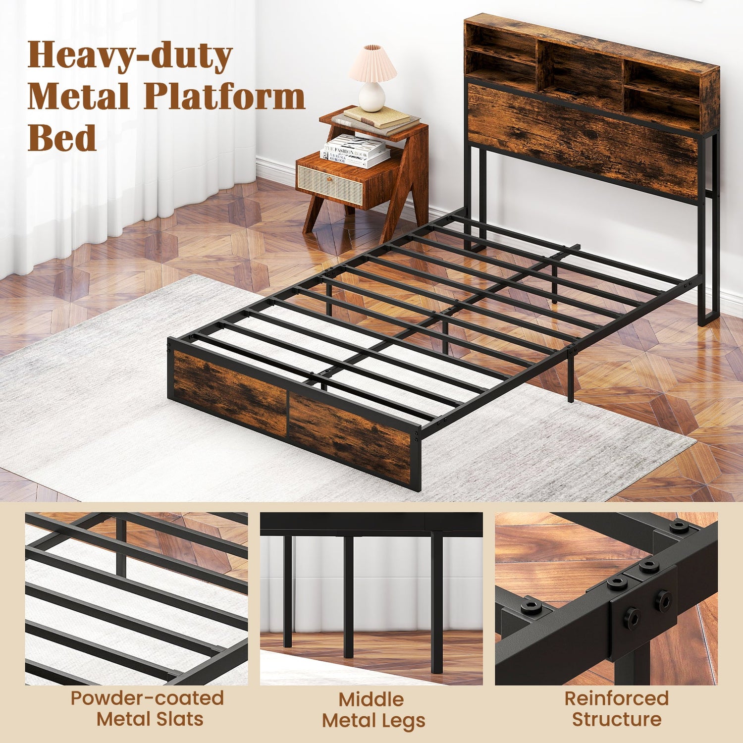 Estructura de cama Twin/Full/Queen/King Size con cabecera de almacenamiento, plataforma de metal industrial