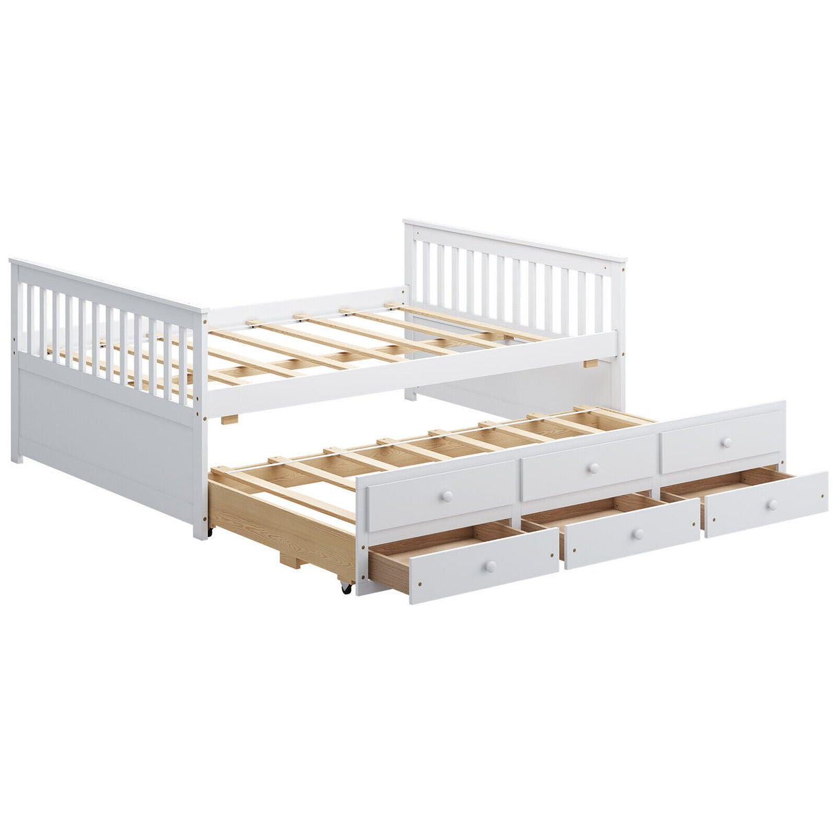 Cama nido de madera tamaño matrimonial con nido y 3 cajones de almacenamiento - Blanco