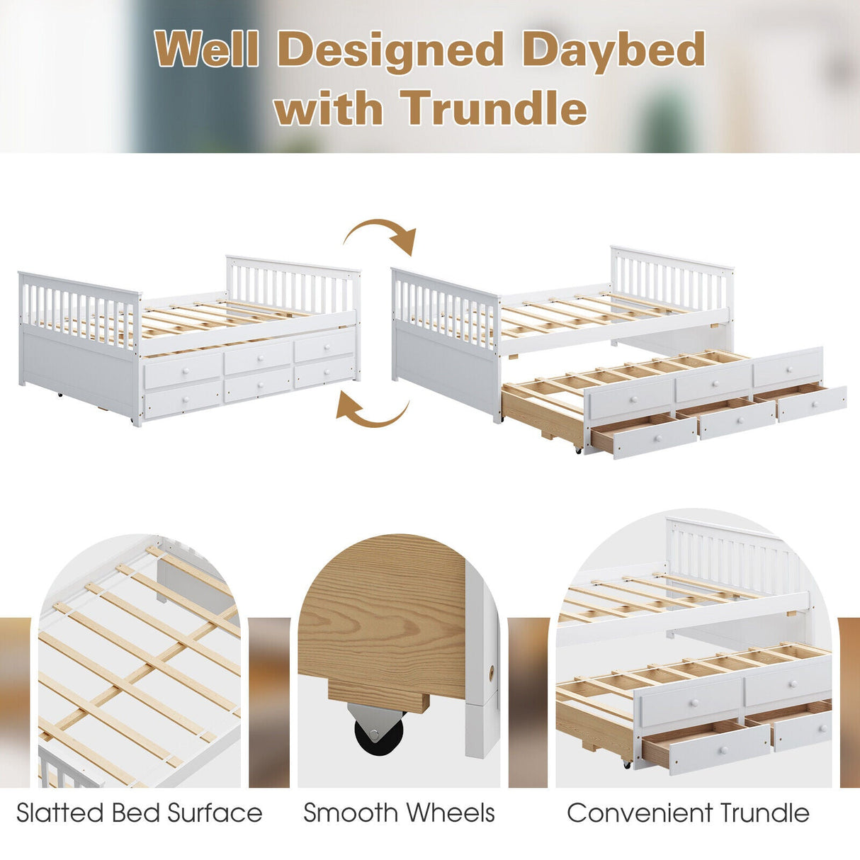 Cama nido de madera tamaño matrimonial con nido y 3 cajones de almacenamiento - Blanco