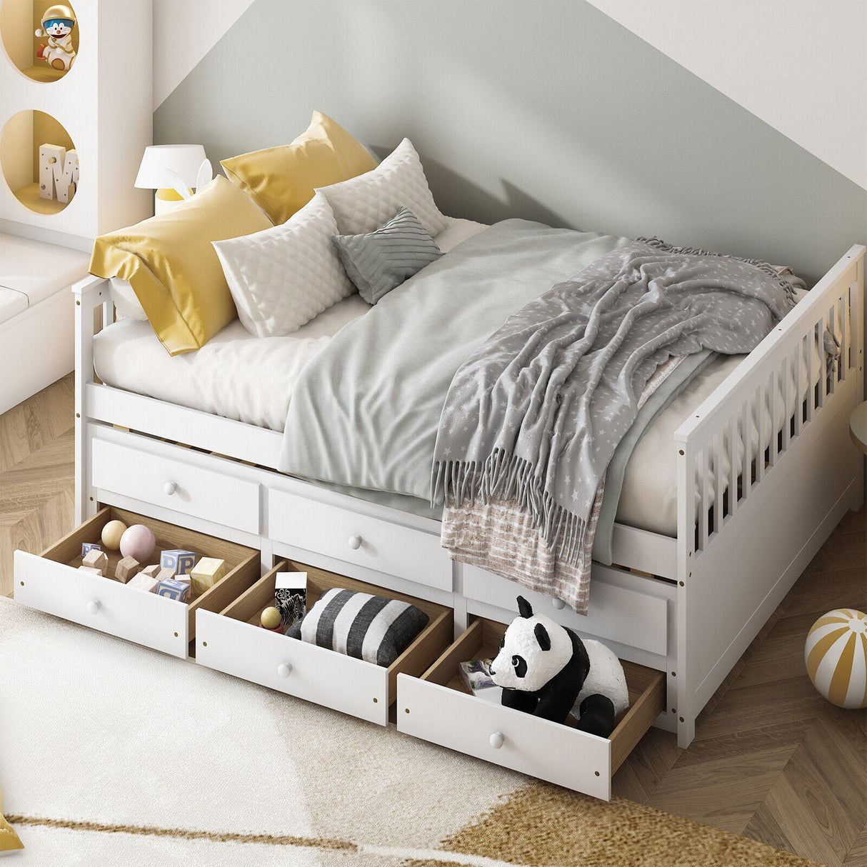 Cama nido de madera tamaño matrimonial con nido y 3 cajones de almacenamiento - Blanco