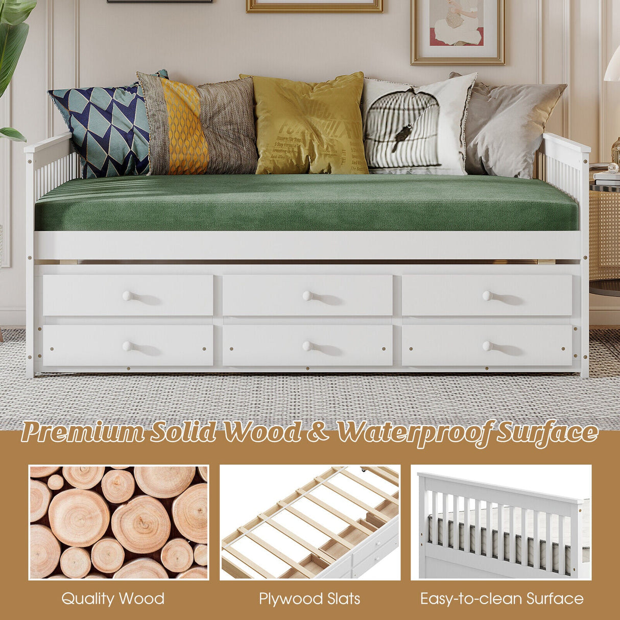 Cama nido de madera tamaño matrimonial con nido y 3 cajones de almacenamiento - Blanco