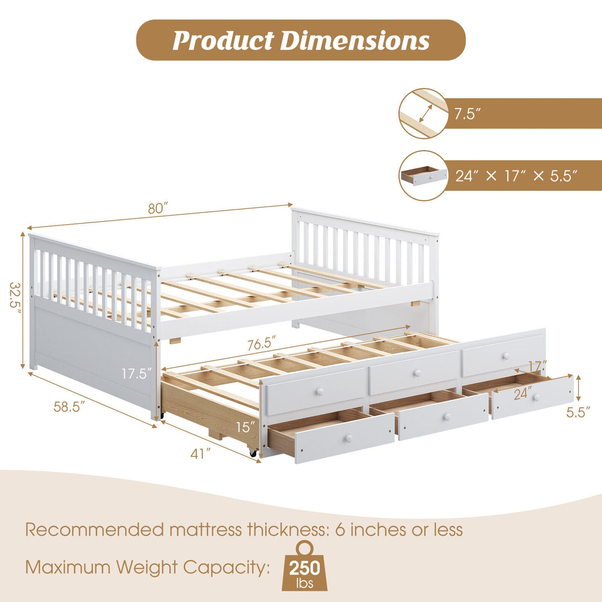 Cama nido de madera tamaño matrimonial con nido y 3 cajones de almacenamiento - Blanco