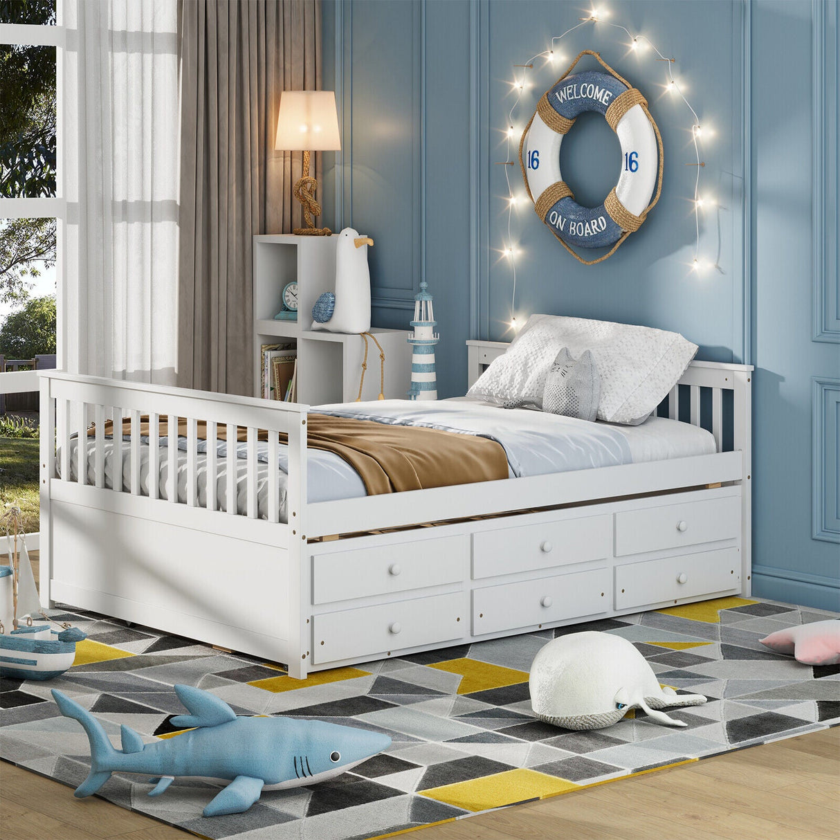 Cama nido de madera tamaño matrimonial con nido y 3 cajones de almacenamiento - Blanco
