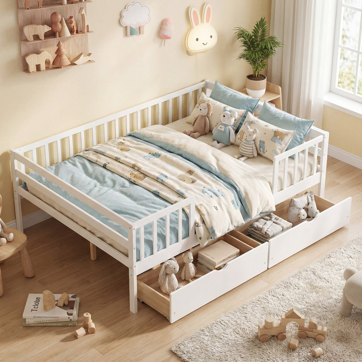 Full Size Daybed with Fence and 2 Drawers for Boys and Girls