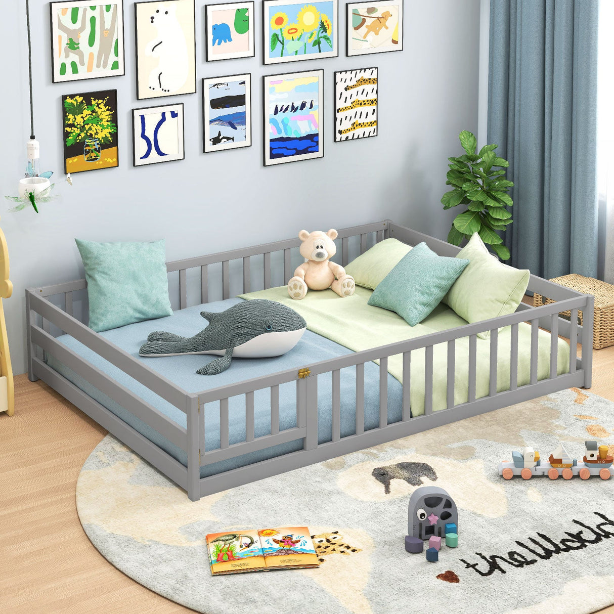 Cama de suelo tamaño completo con barandillas de seguridad de longitud completa