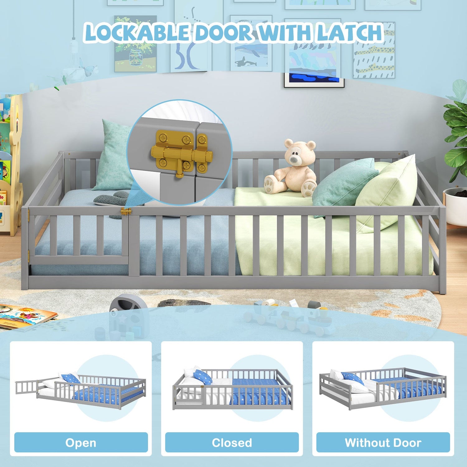 Cama de suelo tamaño completo con barandillas de seguridad de longitud completa