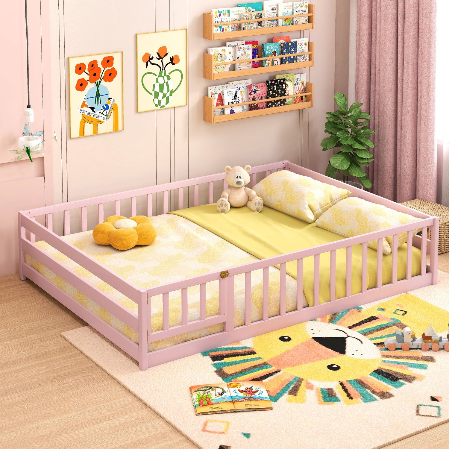 Cama de suelo tamaño completo con barandillas de seguridad de longitud completa