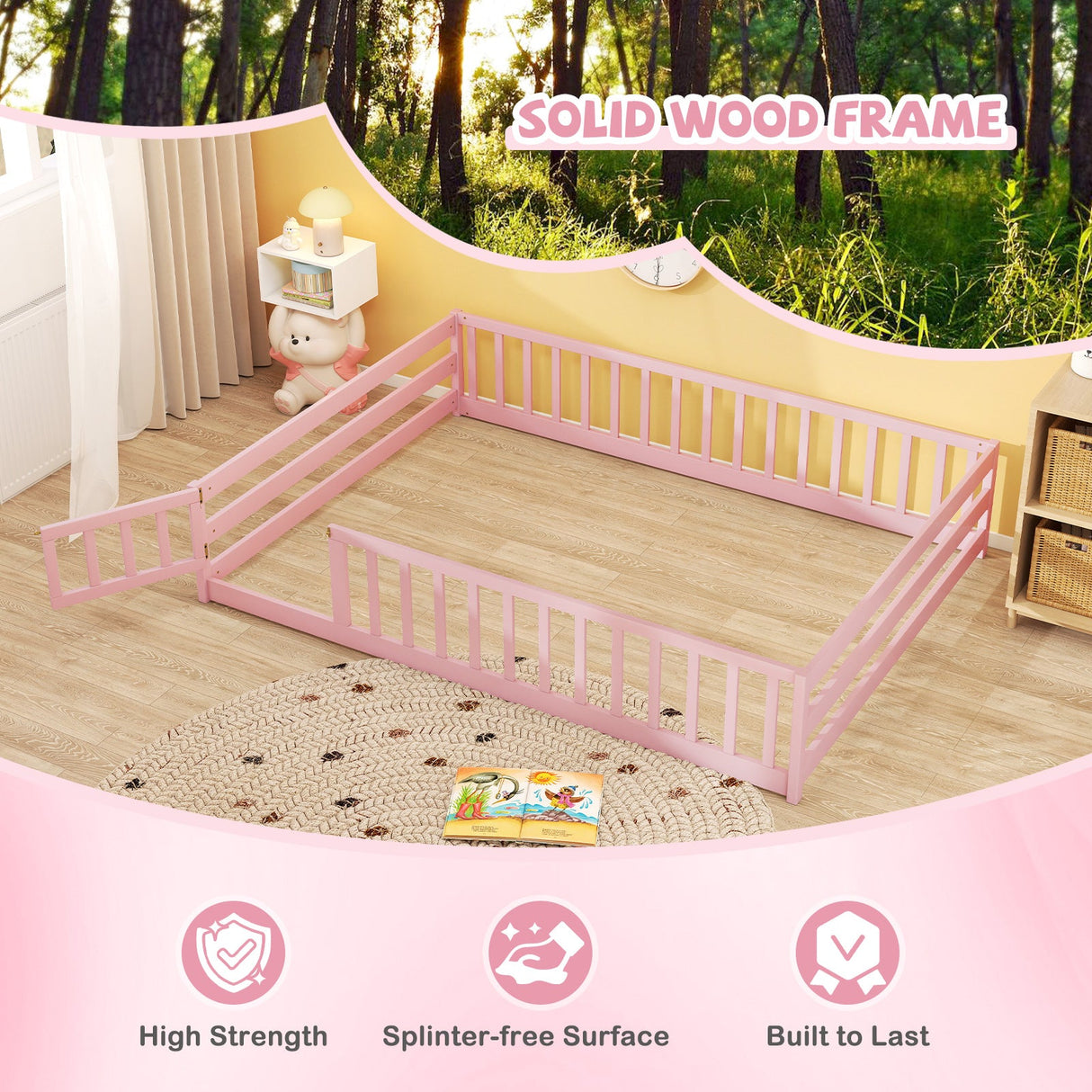 Cama de suelo tamaño completo con barandillas de seguridad de longitud completa