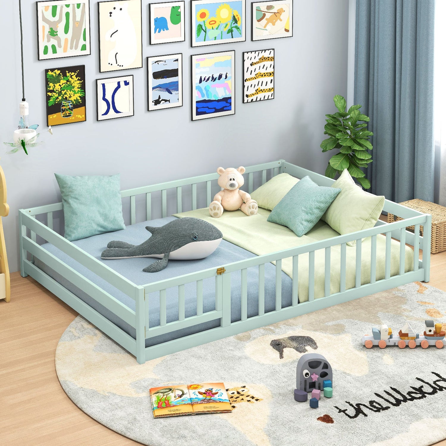 Cama de suelo tamaño completo con barandillas de seguridad de longitud completa